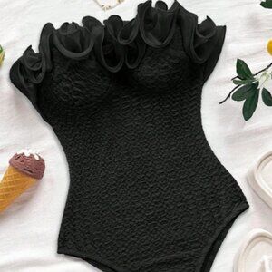 Textured Strapless Black Bodysuit with Ruffle Top